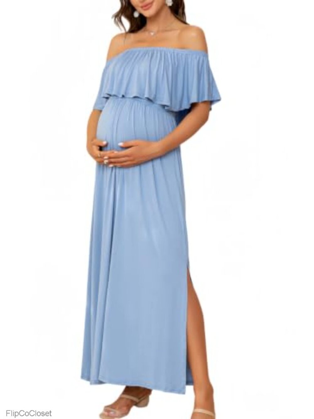 Off Shoulder Ruffle Sleeve Maternity Maxi Dress Side Slit